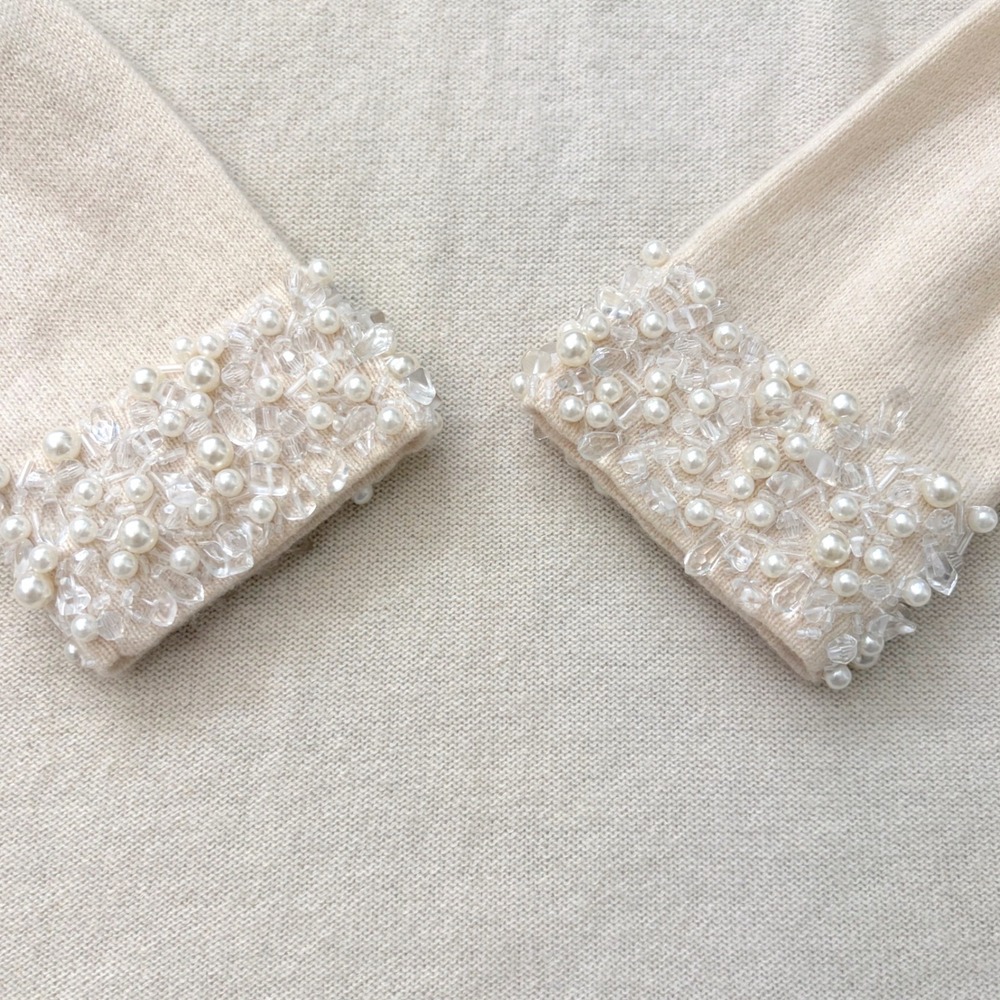 VTG Peck & Peck Cashmere Beaded Pearl Embellished Zip Cardigan Sweater M Cream - Picture 5 of 8